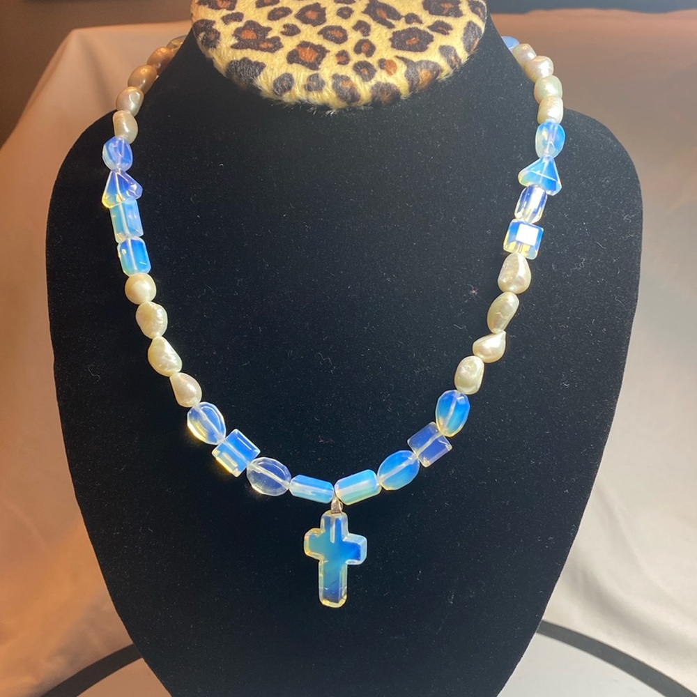 Hand Crafted 19”. Cross Necklace. Pearls & Glass Beads Toggle clasp.